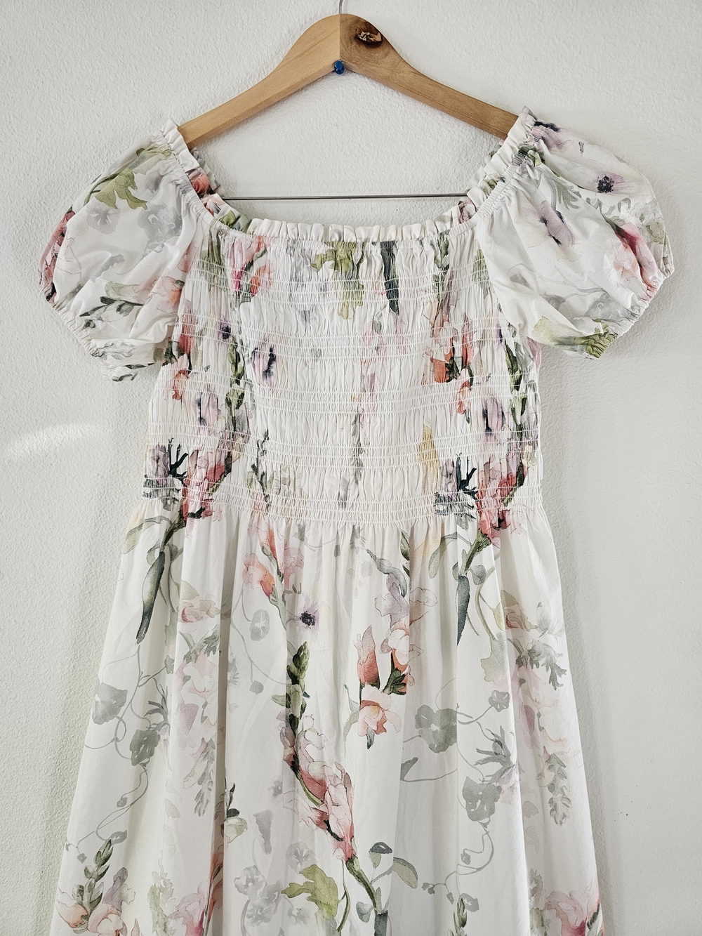H&M Sz L Floral Print Off the Shoulder Puff-Sleeve Smocked Poplin Midi Dress - Picture 3 of 14